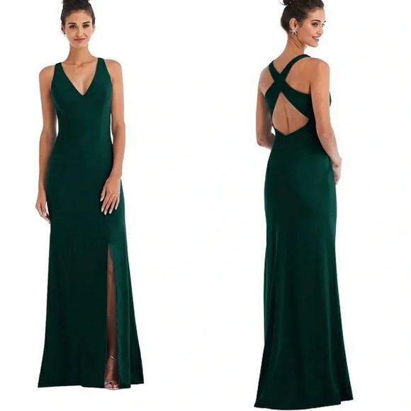 Dessy Thread Bridesmaid Criss-Cross Open Back Maxi Dress with Front Slit 16 NWT - Picture 1 of 11